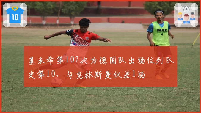 基米希第107次为德国队出场位列队史第10，与克林斯曼仅差1场
